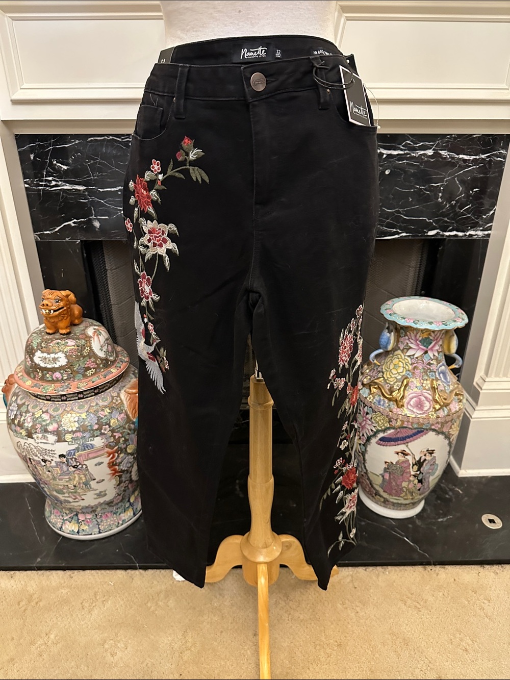Nanette Black Ankle Jeans with Red & Pink Floral Embroidery